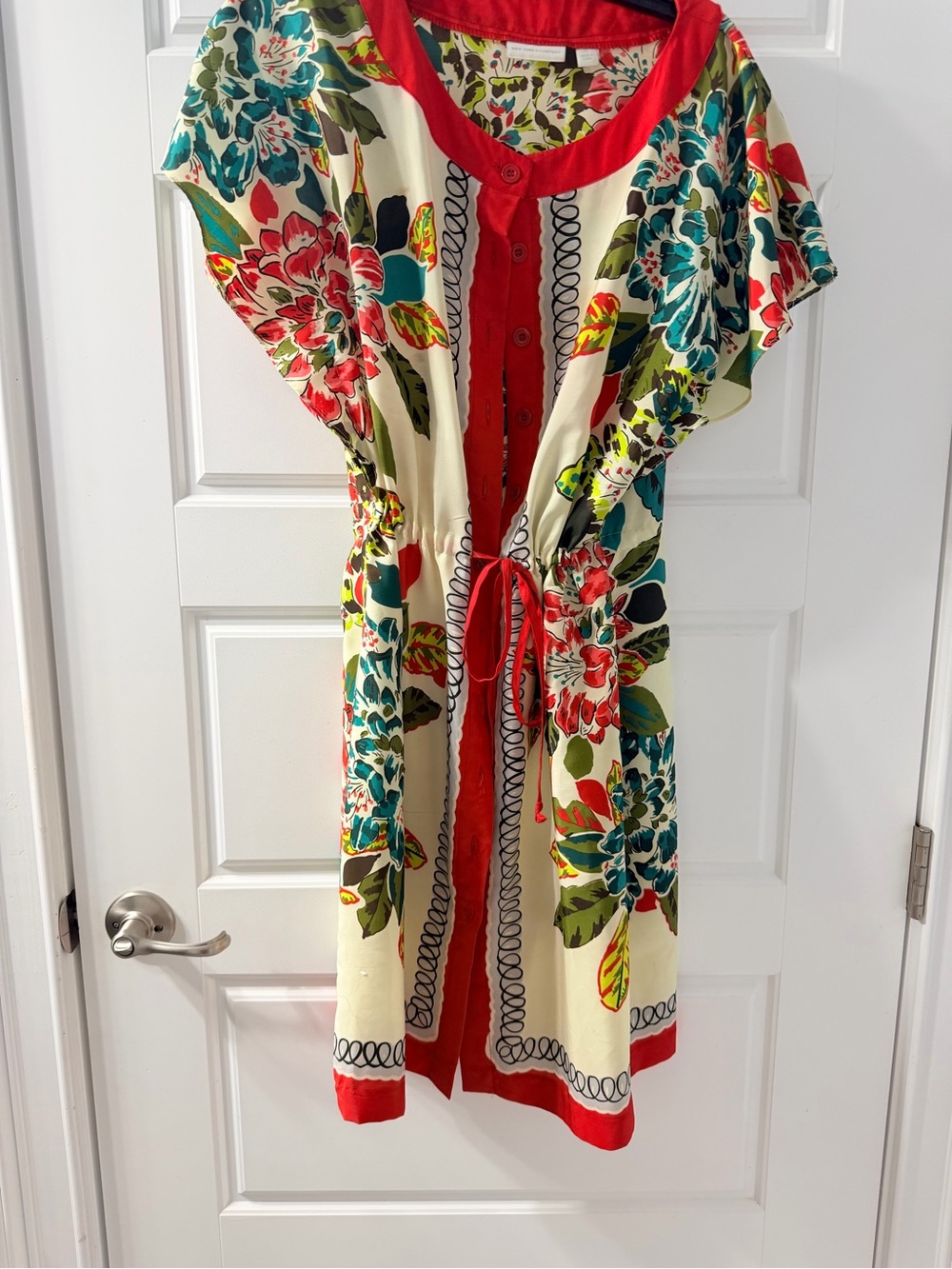 New York & Company Cream Dress with Red Trim and Multicolor Floral Print